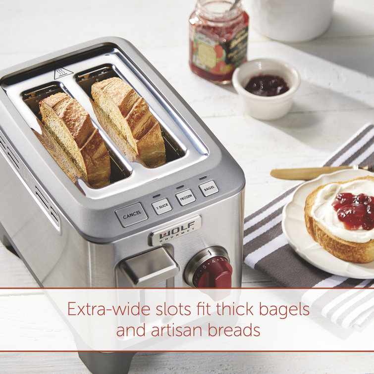 Stainless Steel 2-Slice Toaster with Red Knob and Wide Slots