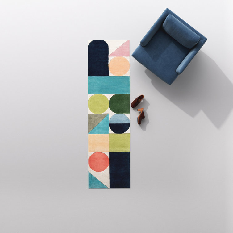 Glory Geometric Blue Green Light Orange Wool Runner Rug