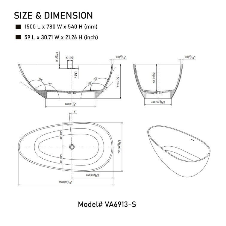 Matte White 59'' Freestanding Solid Surface Soaking Bathtub