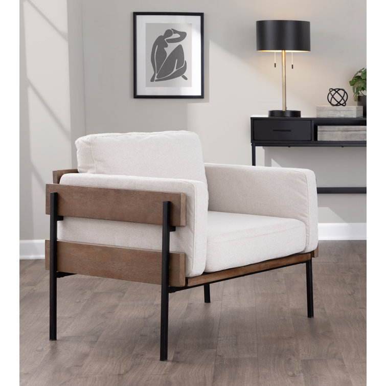 Cream Faux Leather Lawson Accent Chair with Brown Wood and Black Metal