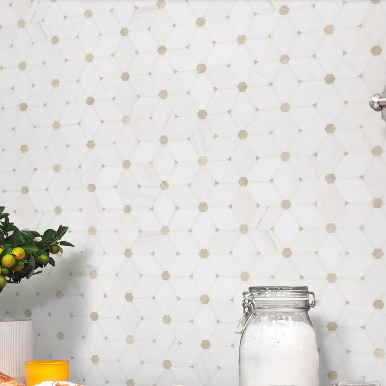 Cecily Polished White Marble Mosaic Tile with Geometric Pattern