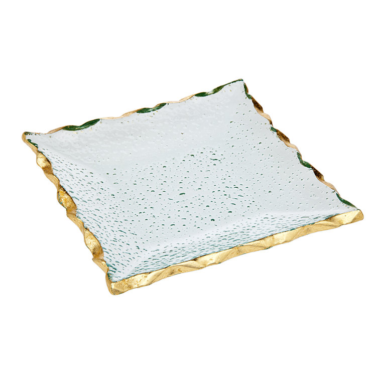 Handcrafted Clear Glass Square Dessert Plates with Gold Trim, Set of 4