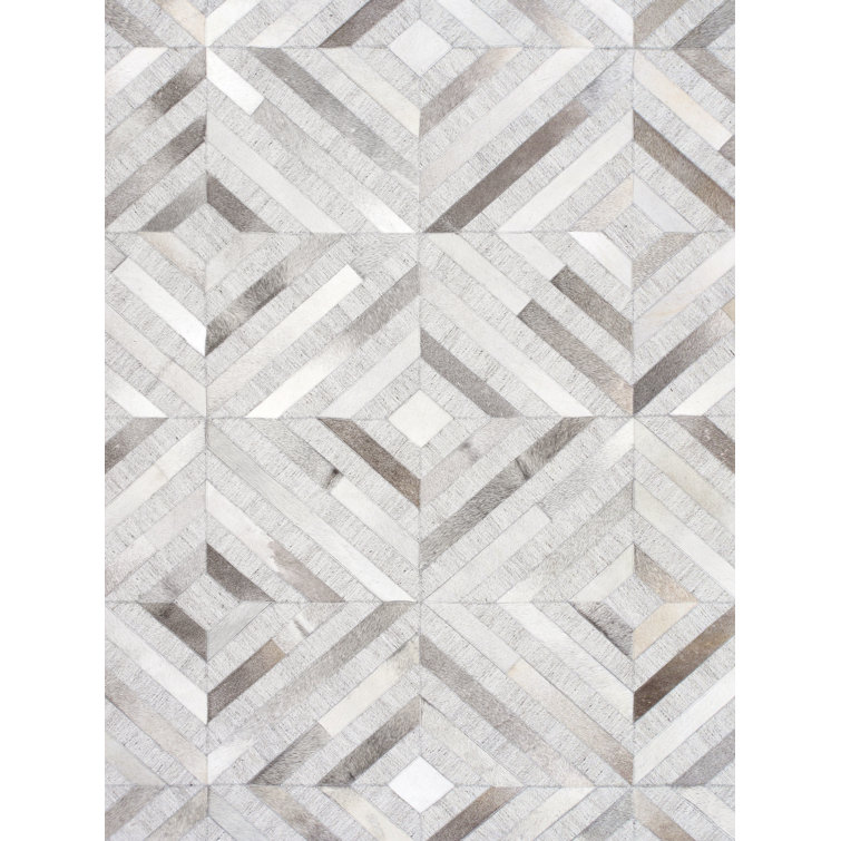 Handmade Gray Geometric Cowhide Silk 10' x 14' Rug