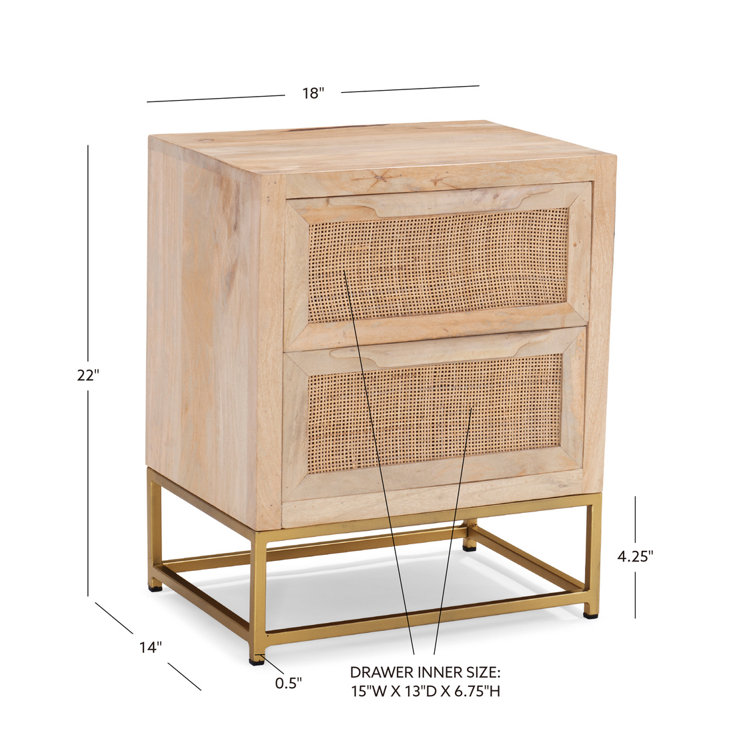 Janie 2-Drawer Natural Rattan and Gold Metal Office Cabinet