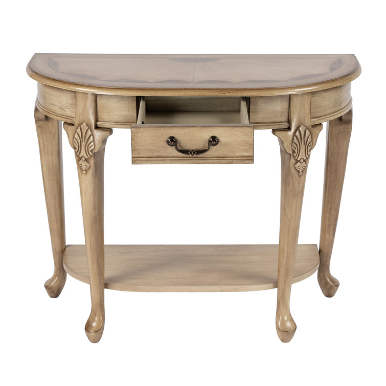 Antique Beige Traditional Demilune Wood Console Table with Drawer