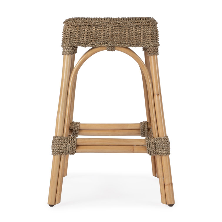 Khaki Brown Rattan and Mendong Grass Backless Counter Stool