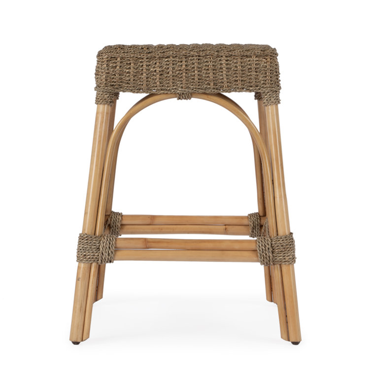 Khaki Brown Rattan and Mendong Grass Backless Counter Stool