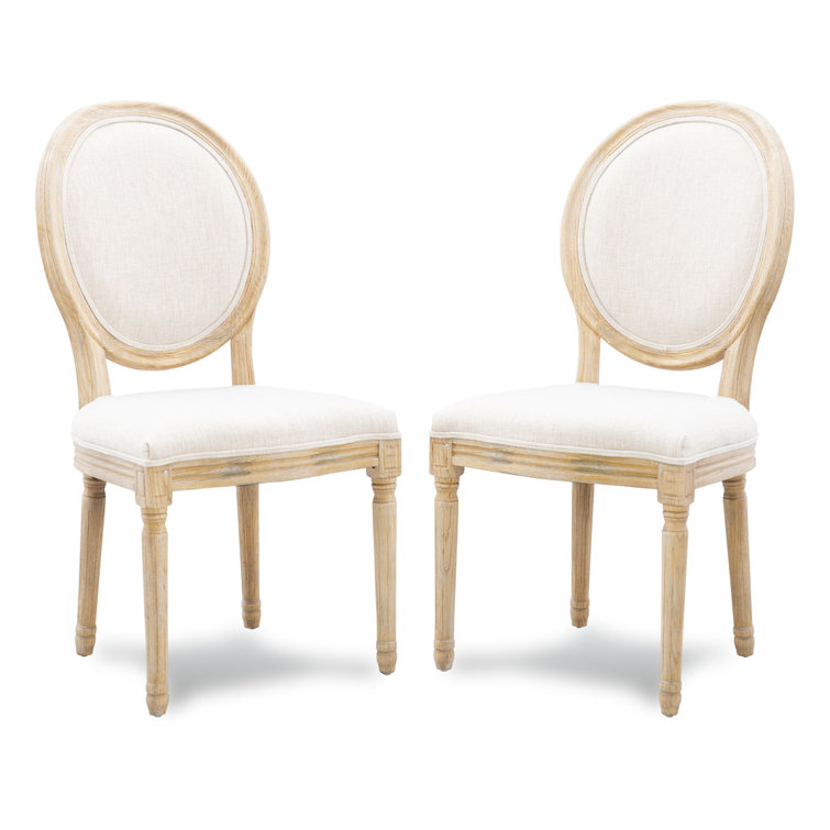 Natural Linen Upholstered Oval Back Dining Chairs, Set of 2