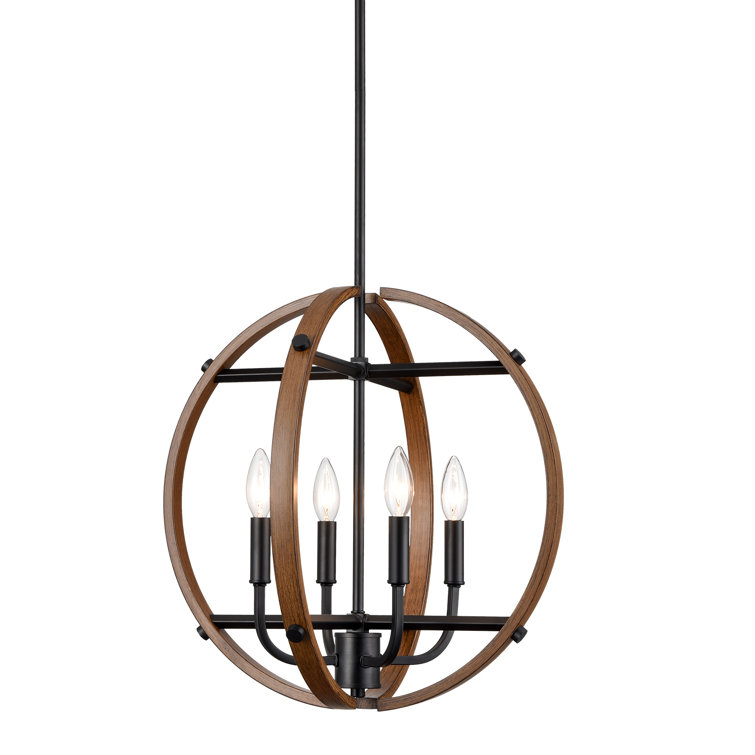 Rustic Black and Wood Grain Globe Pendant Light with Candle Bulbs