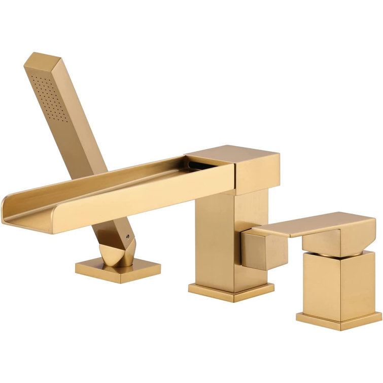 Brushed Gold Modern Waterfall Tub Deck Faucet with Hand Shower