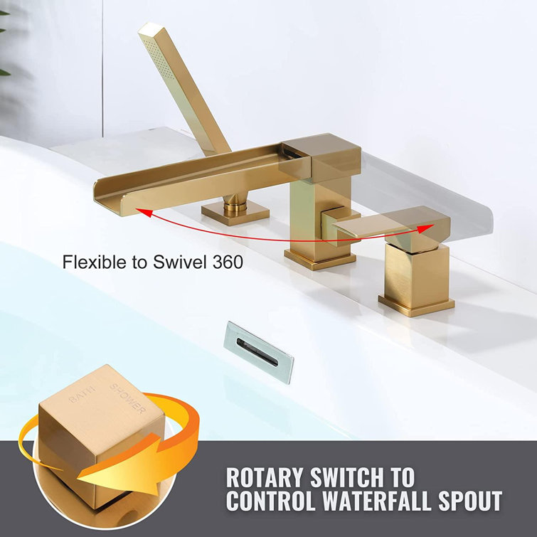 Brushed Gold Modern Waterfall Tub Deck Faucet with Hand Shower