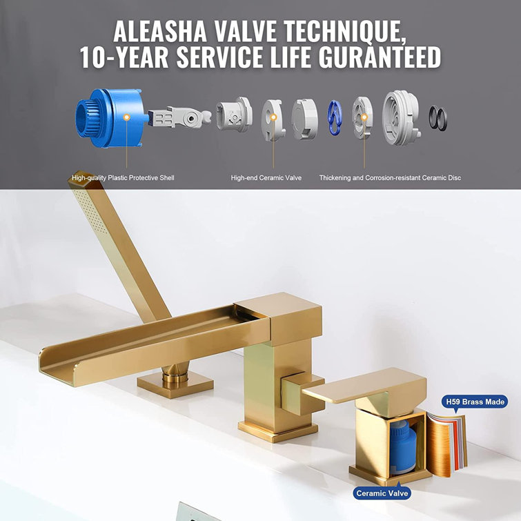 Brushed Gold Modern Waterfall Tub Deck Faucet with Hand Shower