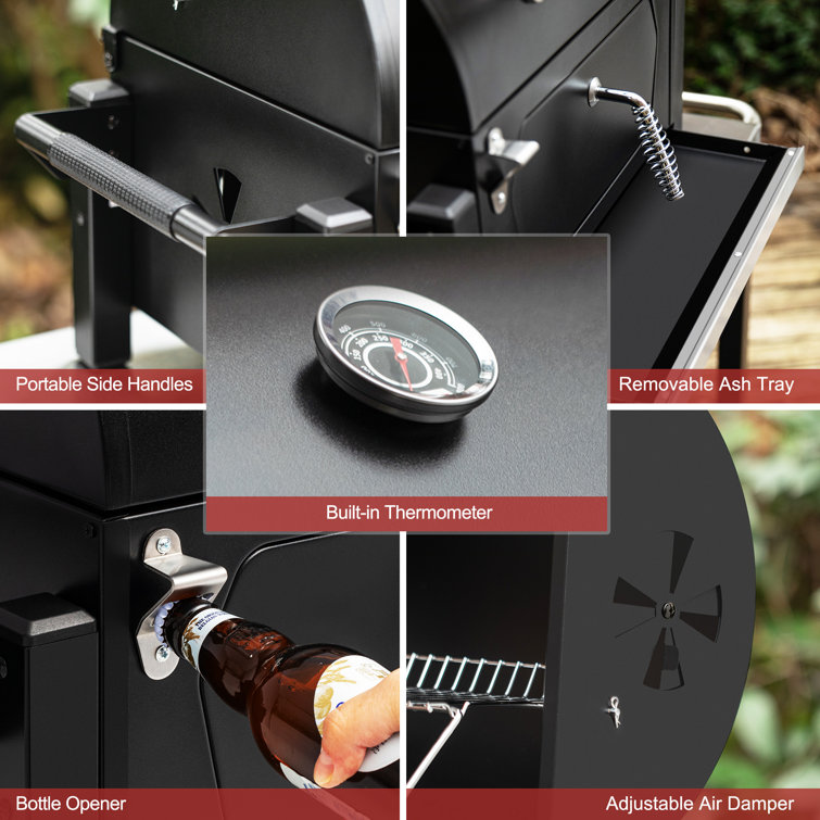 Compact Black Steel Portable Charcoal Grill with Warming Rack