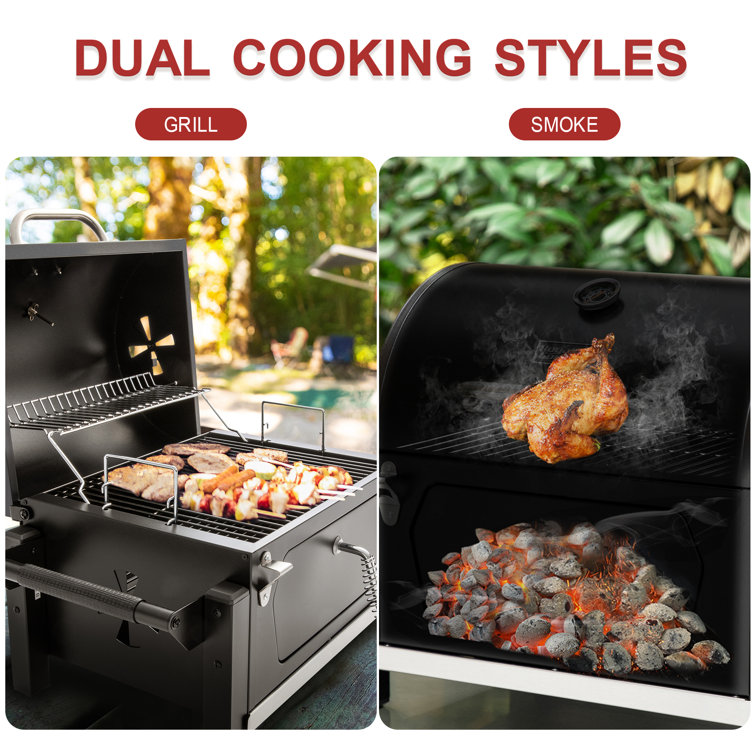 Compact Black Steel Portable Charcoal Grill with Warming Rack