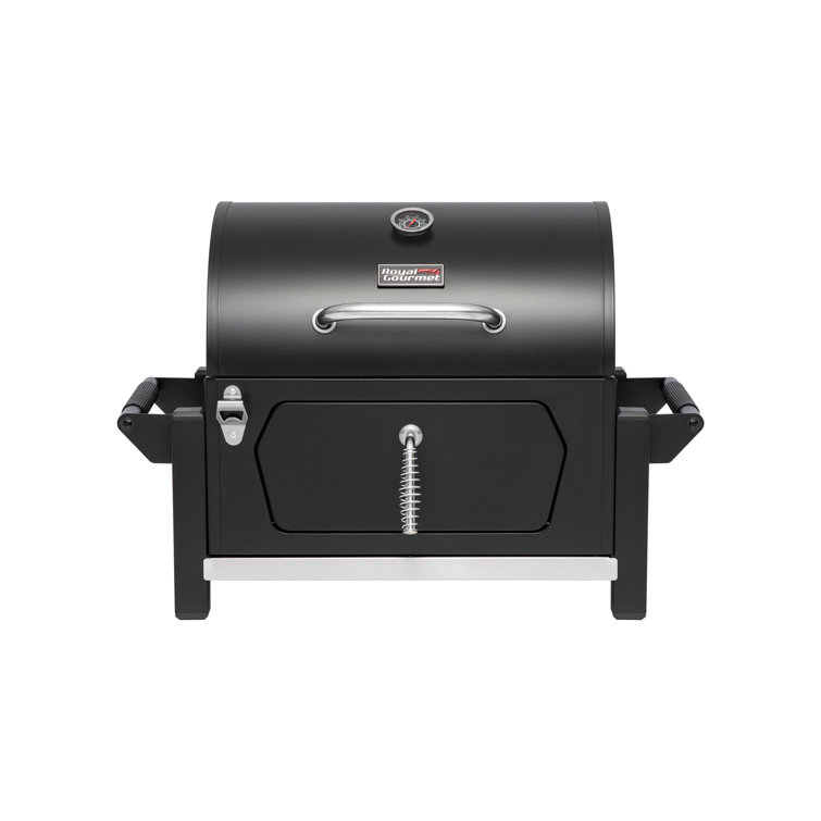 Compact Black Steel Portable Charcoal Grill with Warming Rack