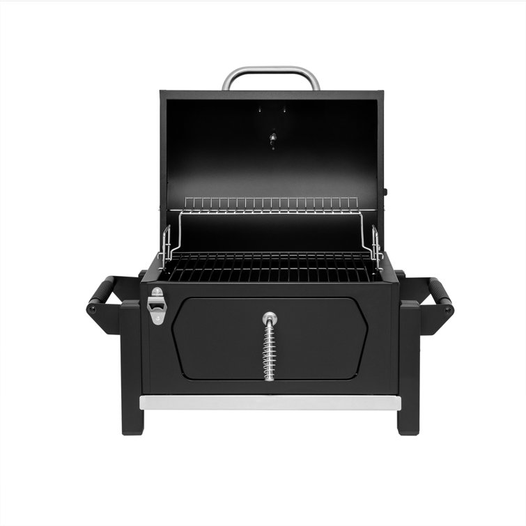Compact Black Steel Portable Charcoal Grill with Warming Rack