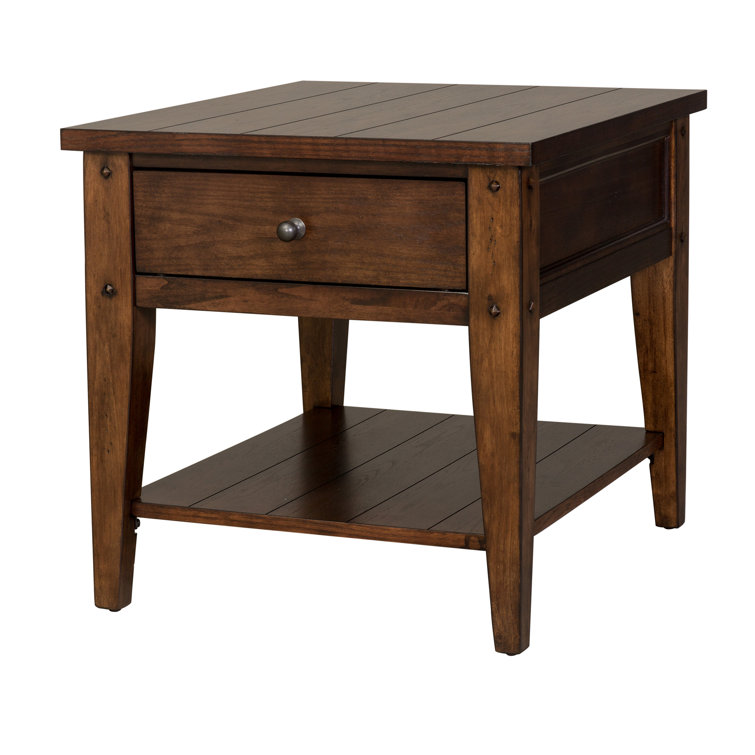 Rustic Brown Oak Rectangular Wood End Table with Storage