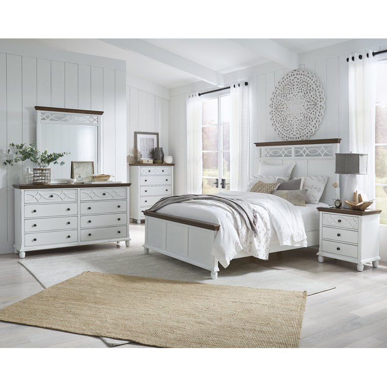 King White and Brown Wood Panel Bed with Headboard