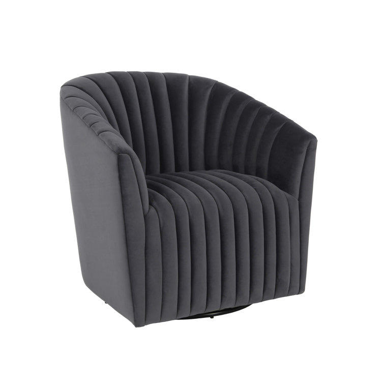 Handcrafted Gray Polyester Swivel Barrel Chair with Solid Wood Frame