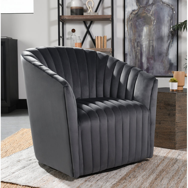Handcrafted Gray Polyester Swivel Barrel Chair with Solid Wood Frame