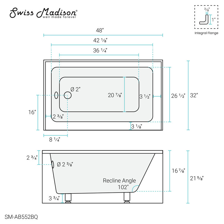 32" White Acrylic Alcove Bathtub with Apron