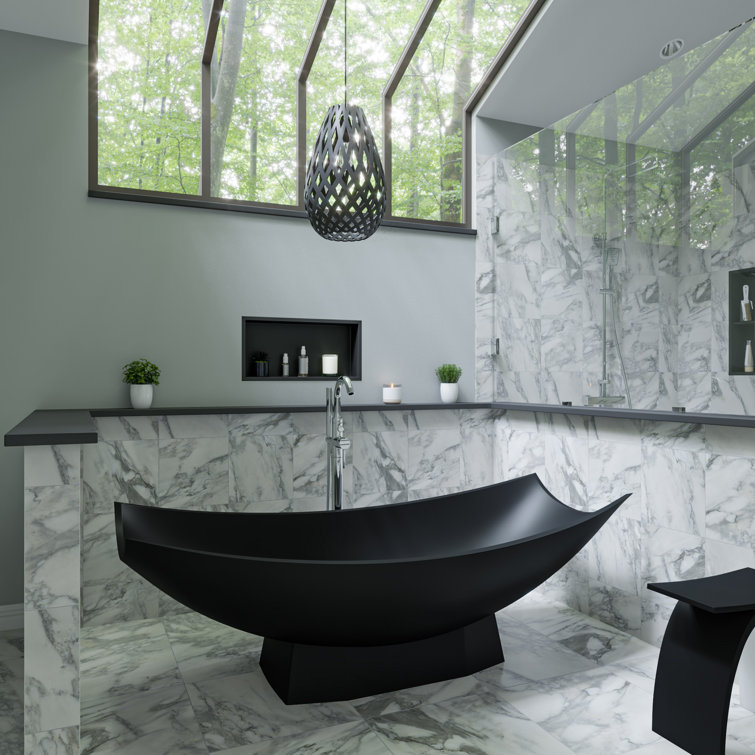 71" Black Matte Solid Surface Hammock Freestanding Bathtub