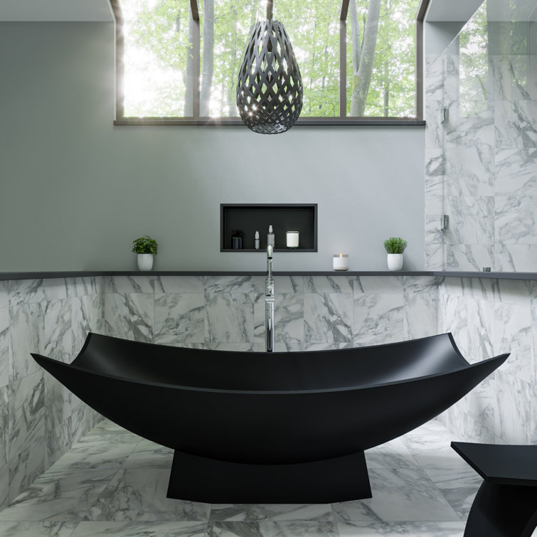 71" Black Matte Solid Surface Hammock Freestanding Bathtub