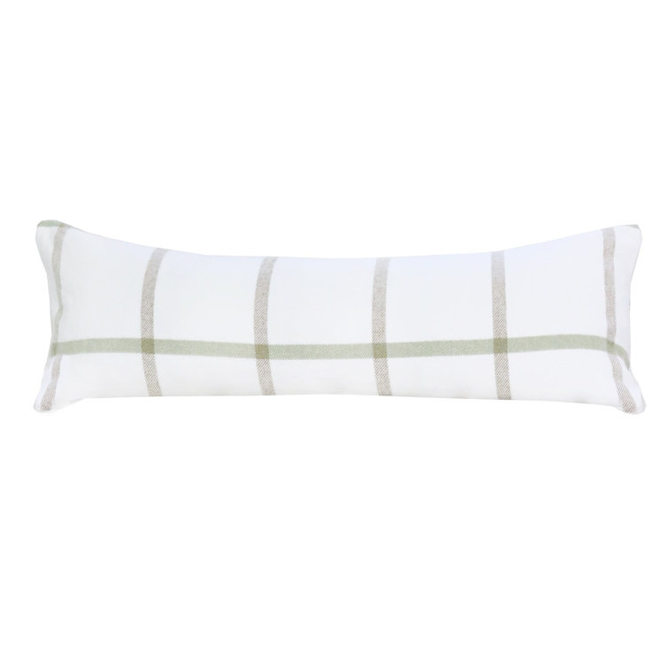 White and Olive Plaid Cotton Bolster Pillow with Feather Fill