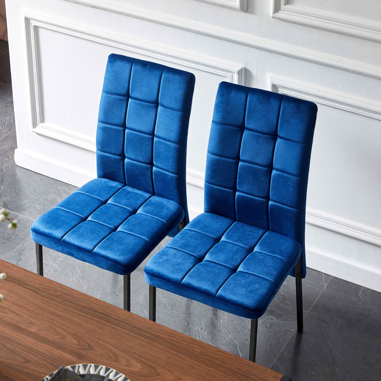 Navy Blue Velvet High Back Side Chairs with Black Metal Legs, Set of 4
