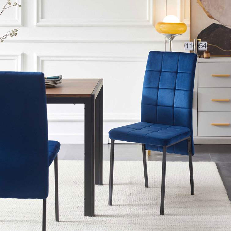 Navy Blue Velvet High Back Side Chairs with Black Metal Legs, Set of 4