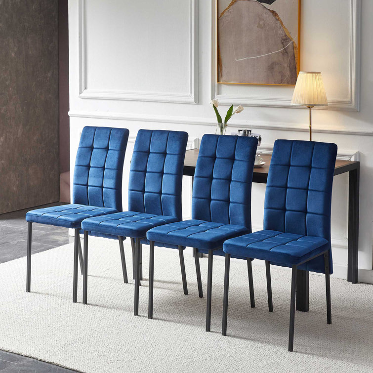 Navy Blue Velvet High Back Side Chairs with Black Metal Legs, Set of 4