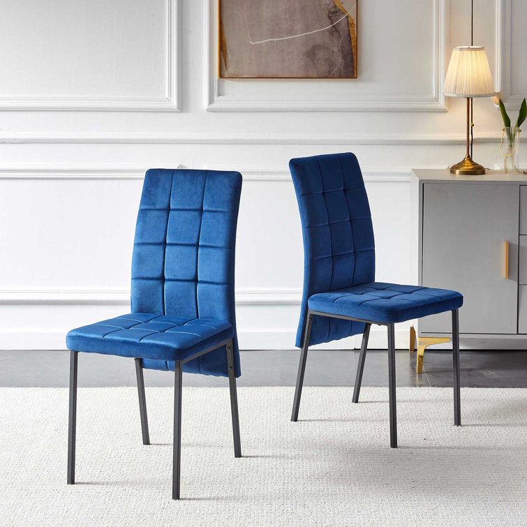 Navy Blue Velvet High Back Side Chairs with Black Metal Legs, Set of 4