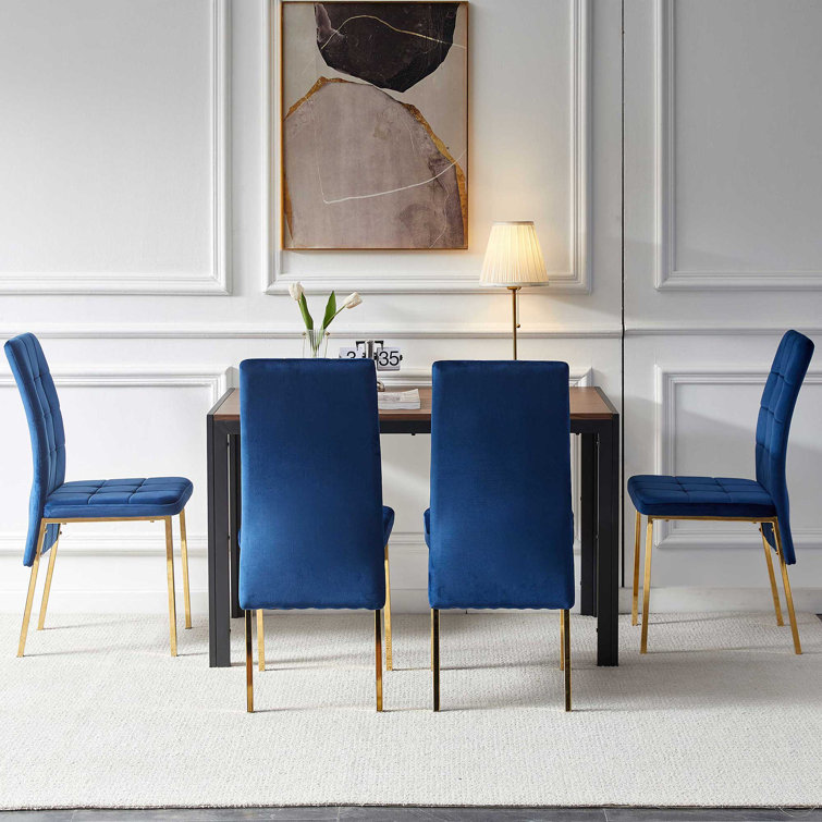 Blue Velvet High Back Side Chair with Golden Metal Legs