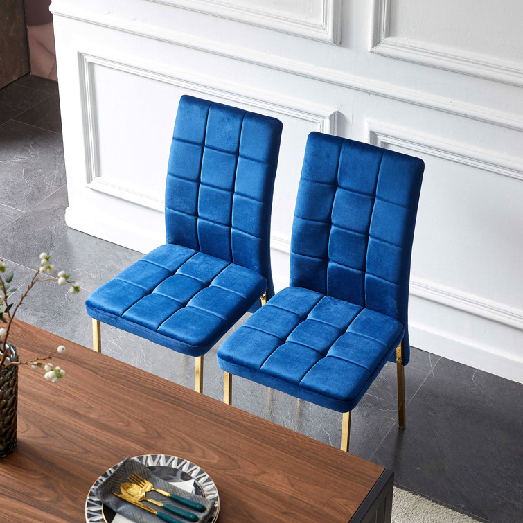 Blue Velvet High Back Side Chair with Golden Metal Legs