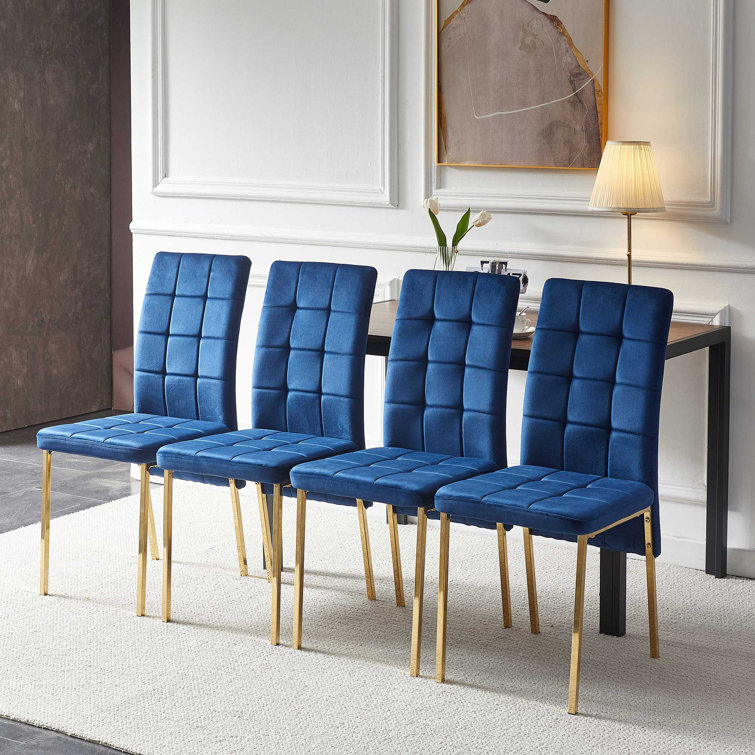 Blue Velvet High Back Side Chair with Golden Metal Legs