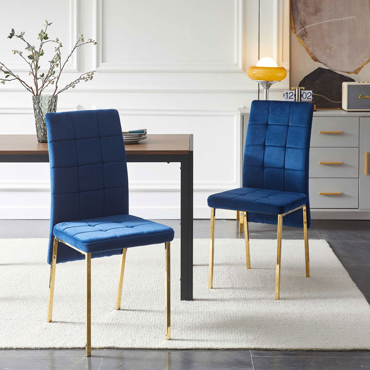 Blue Velvet High Back Side Chair with Golden Metal Legs