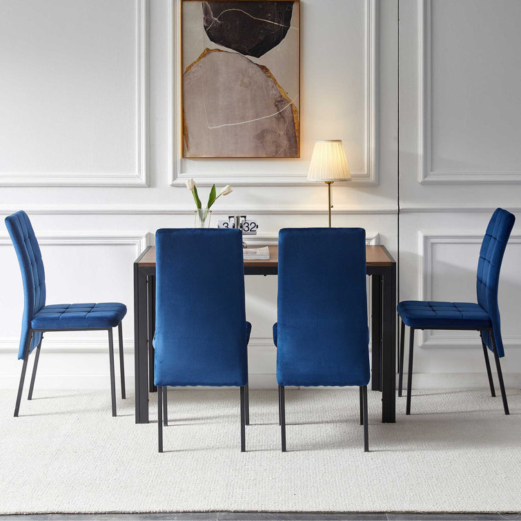 Navy Blue Velvet High Back Side Chairs with Black Metal Legs, Set of 4