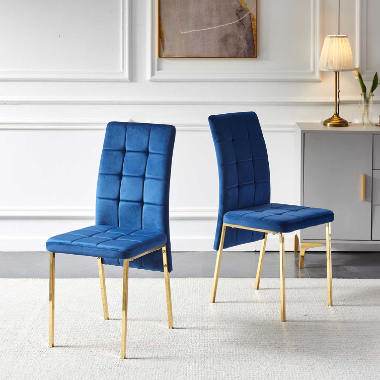 Blue Velvet High Back Side Chair with Golden Metal Legs