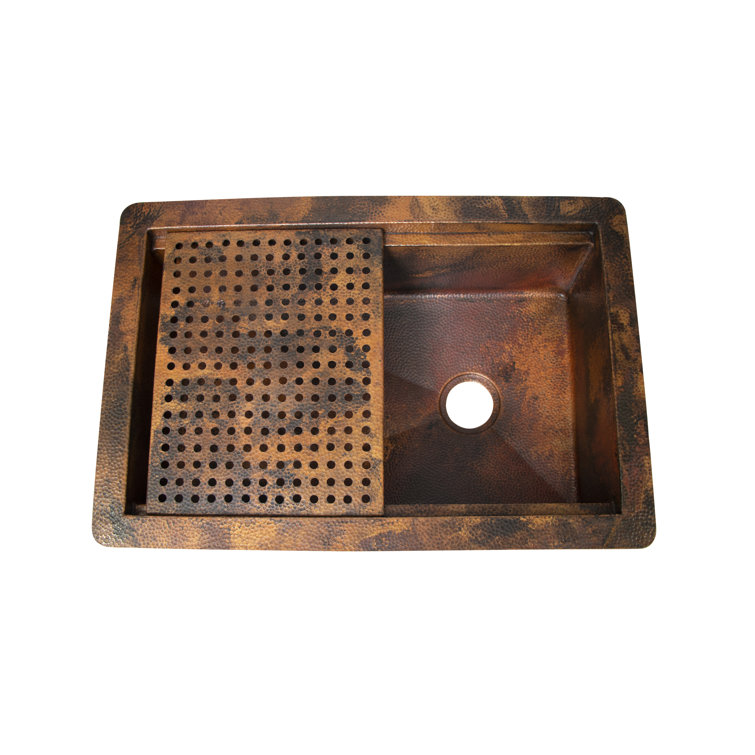 33" Hammered Copper Rectangular Drop-In Single Bowl Kitchen Sink with Removable Grill