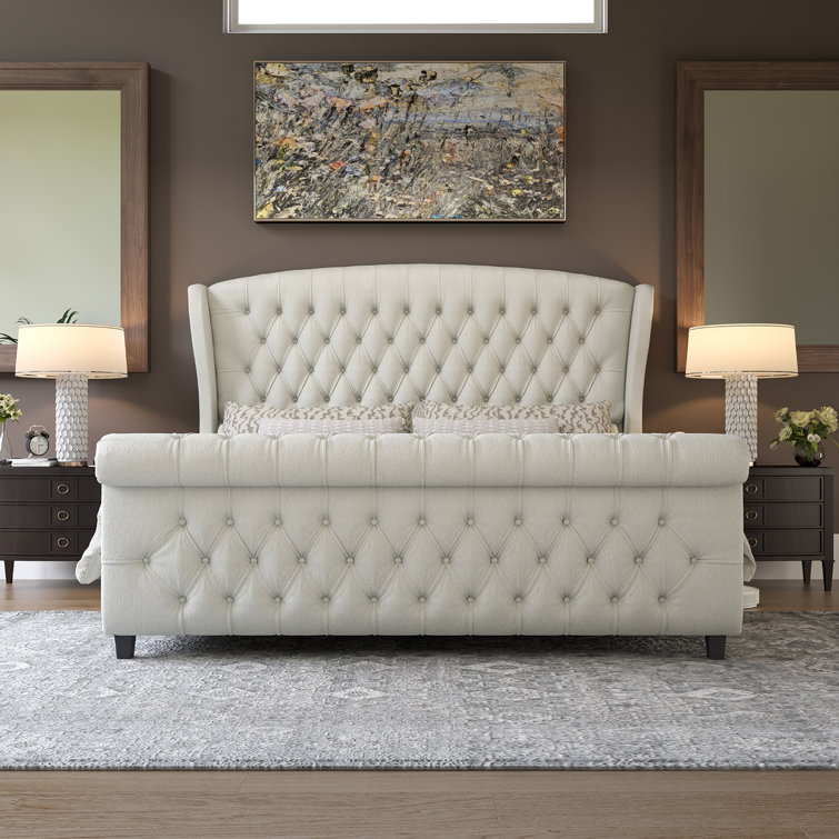 Cream Chenille Upholstered King Sleigh Bed with Tufted Headboard