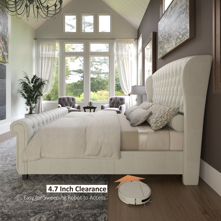 Cream Chenille Upholstered King Sleigh Bed with Tufted Headboard