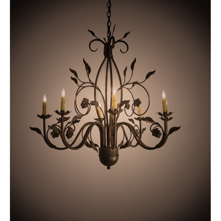 Antique Black 8-Light Candle Chandelier with Leaf Accents