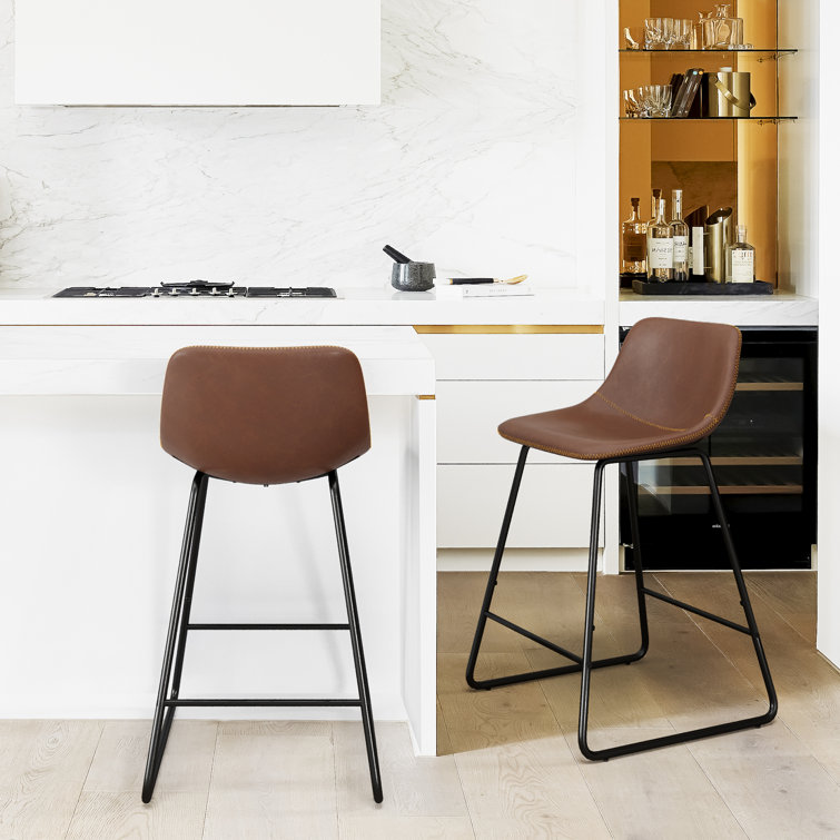 Whiskey Brown Faux Leather Counter Stools with Iron Frame, Set of 2
