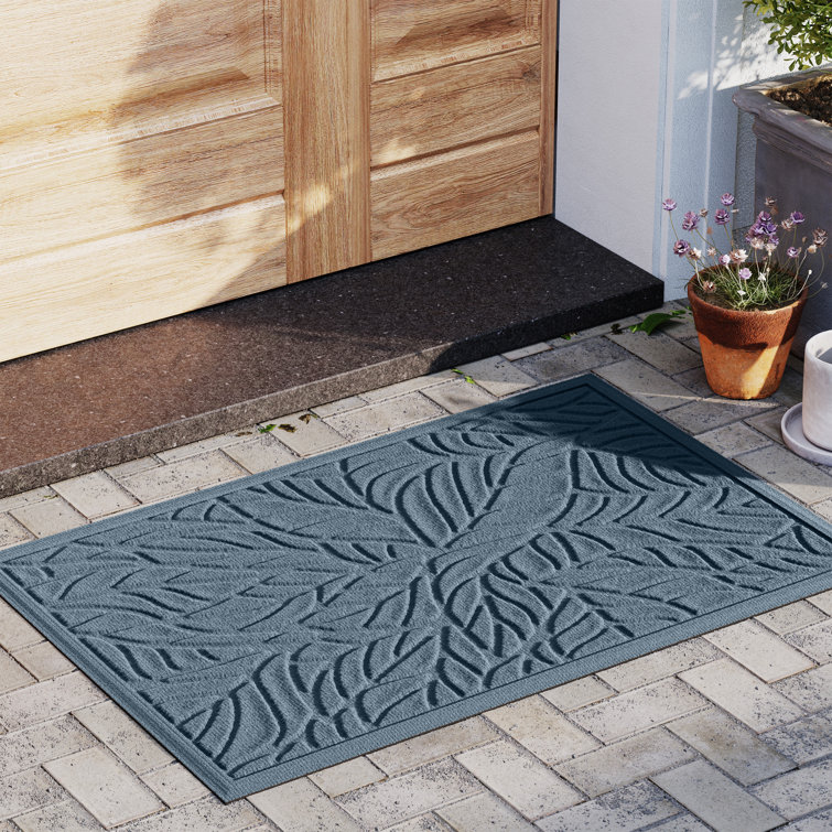 Blue Rubber Backed Tropical Leaves Outdoor Door Mat