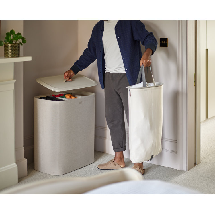 Beige Steel Laundry Sorter with Lid and Handles