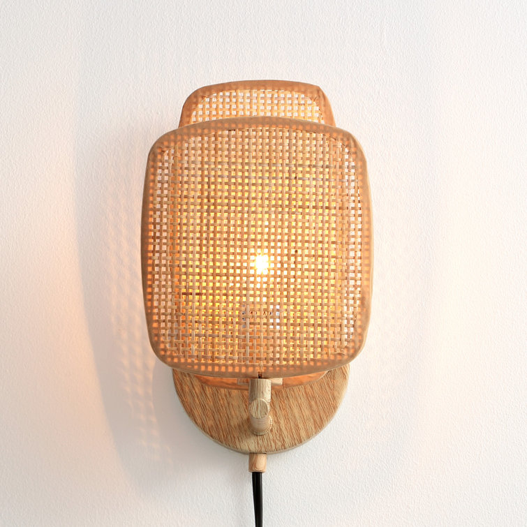 Natural Woven Bamboo Plug-in Wall Sconce with Dimmer