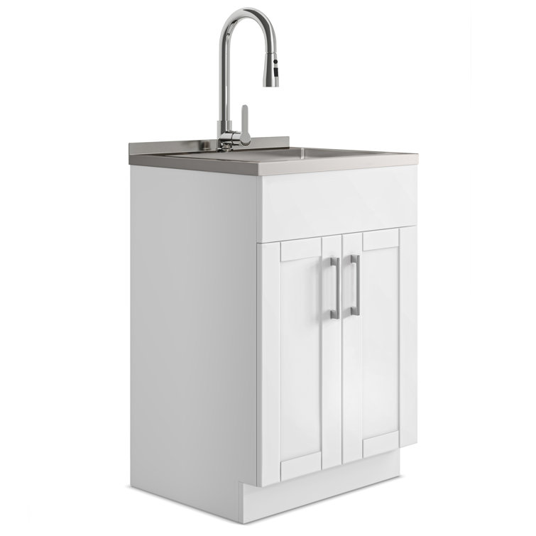 24-Inch White Shaker Utility Sink Cabinet with Stainless Steel Faucet