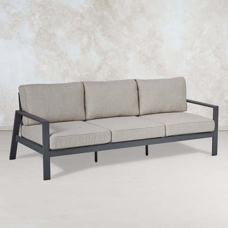 Aegean 80" Gray Metal Outdoor Sectional Sofa with Tan Cushions