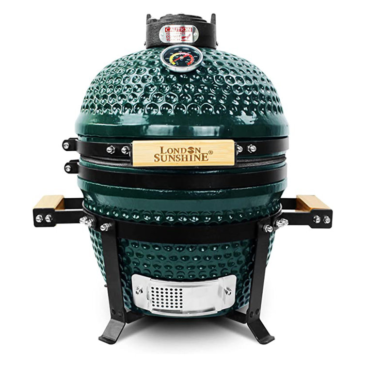 Green Ceramic Portable Tabletop Kamado Charcoal Grill with Bamboo Handles