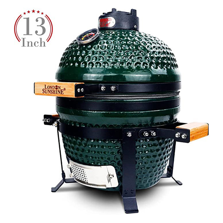 Green Ceramic Portable Tabletop Kamado Charcoal Grill with Bamboo Handles